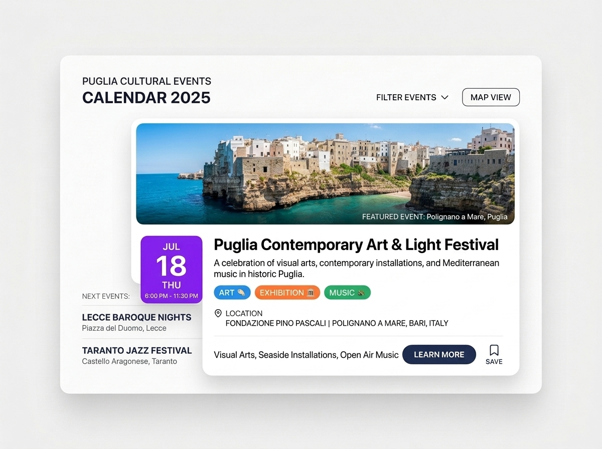 Mockup del Calendario Mostre ed Eventi Culturali in Puglia con Polignano a Mare e Lecce — Arte Puglia